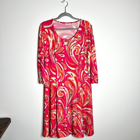 Susan Graver Liquid Knit A-line Dress Retro Swirl Print Bright Colorful Sz Large - Picture 1 of 5